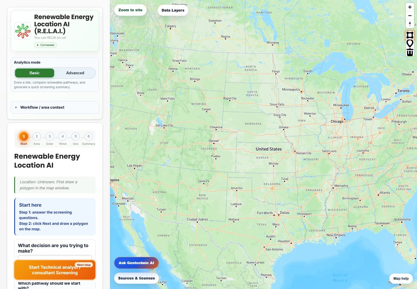 R.E.L.A.I. live interface with renewable pathway selection, a guided workflow, and a map.